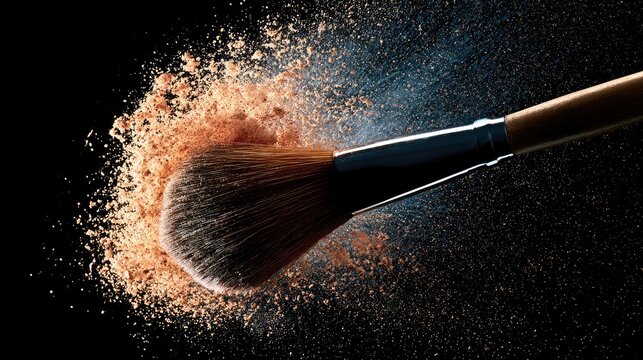 Makeup Brush Swirling Powders in Artistic Burst on Black Background