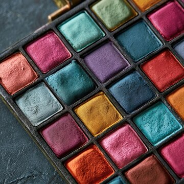 Vibrant watercolor palette with multiple colors and artistic paint textures on dark surface