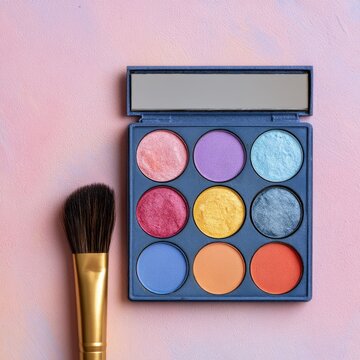 Vibrant Eyeshadow Palette with Makeup Brush on Soft Pink Background