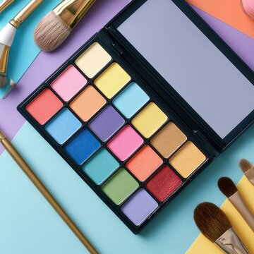 Vibrant Multi-Colored Eyeshadow Palette with Makeup Brushes on Pastel Background