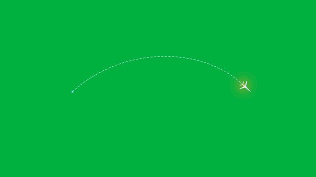 Airplane flight path trajectory tracking with dotted arc line on green screen, aviation monitoring