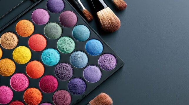 Vibrant Rainbow of Talcum Powders with Makeup Brushes on Dark Surface