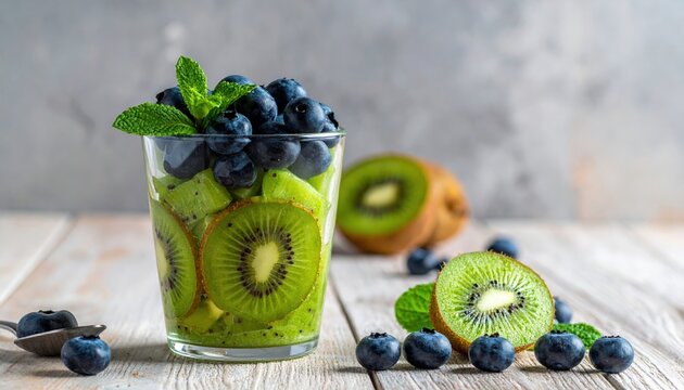Healthy fruit cup with kiwi and blueberries