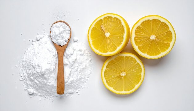 Baking soda and cut lemons on white background, household cleaning concept