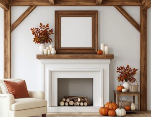 Obraz premium Autumn cozy living room interior with fireplace and blank wooden frame fall mockup