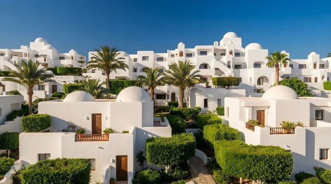  Expansive Greek island resort of pristine white Cycladic villas and lush manicured gardens, blending rounded forms, shaded terraces and palm-lined pathways beneath a brilliant cloudless Mediterranean