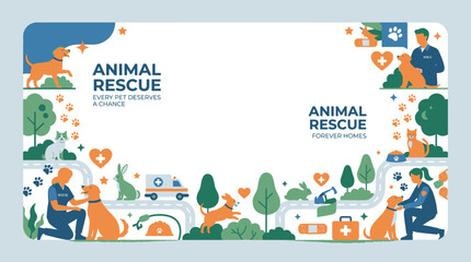 Fototapeta premium Animal rescue illustration with pets and veterinarians.