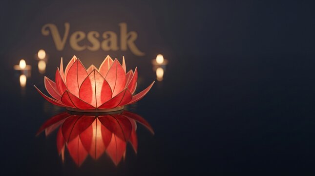 Glowing lotus flower lantern floating on dark reflective water for Vesak Day Buddhist holiday celebration