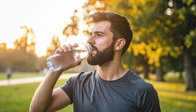 Bearded man drinking water after workout in park, fitness and wellness concept