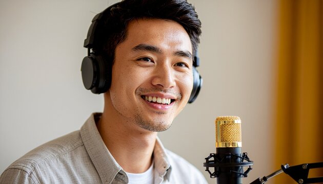 Smiling handsome male scholar wearing headphones records an academic podcast, demonstrating distance education methodology and digital communication pedagogy in a modern studio