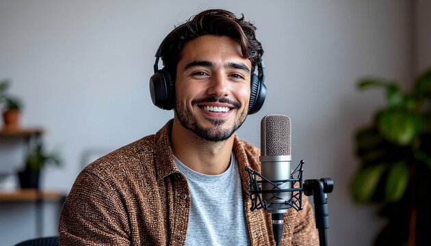 Smiling handsome male scholar wearing headphones records an academic podcast, demonstrating distance education methodology and digital communication pedagogy in a modern studio
