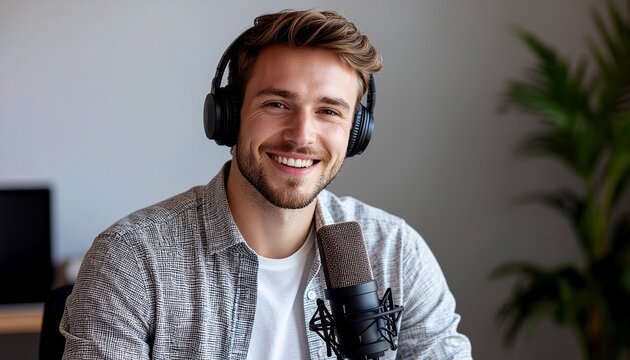 Smiling handsome male scholar wearing headphones records an academic podcast, demonstrating distance education methodology and digital communication pedagogy in a modern studio