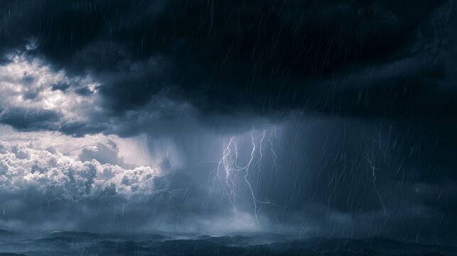 Dramatic lightning strike during a heavy storm. Dark thunderclouds with intense rain shower.