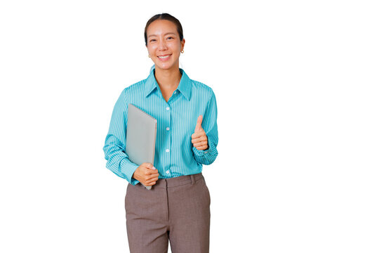 Businesswoman holding laptop and giving thumbs up, smiling to camera, demonstrating success and approval with transparent background