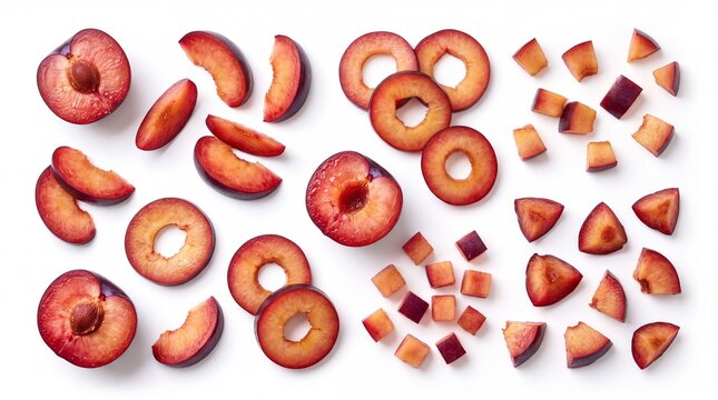 Fresh sliced red plums and fruit pieces top view