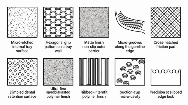 A collection of ten distinct technical surface textures and material patterns for dental tray design.