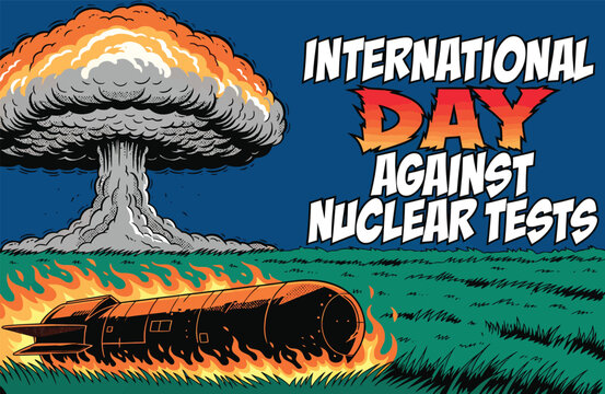 Comic Book Style International Day Against Nuclear Tests Banner Illustration with Atomic Explosion and Flaming Missile