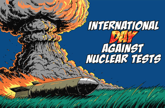 Comic Book Style International Day Against Nuclear Tests Banner Illustration with Atomic Explosion and Flaming Missile