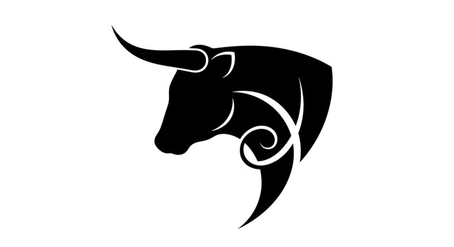 Black bull head silhouette logo with curved horns.