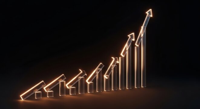 Ascending Crystal Bar Graph Depicting Exponential Growth and Upward Financial Trends Symbolizing Success and Progressive Business Development on a Dark Moody Setting with Glowing Edges.