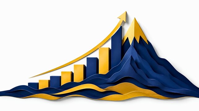 Minimalist 3D papercut illustration of an ascending financial chart and mountain