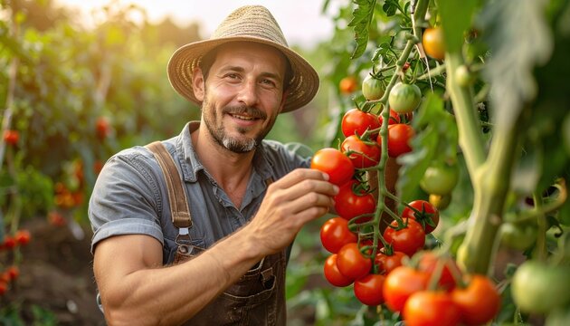 farmer picking ripe tomatoes