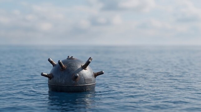 Spherical naval mine floating calmly upon open ocean waters under soft daylight horizon view with weathered metal naval mine bobbing center with center vast blue