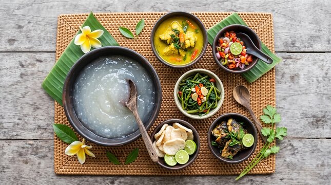 Delicious traditional Papeda with fish soup (Ikan Kuah Kuning) from Eastern Indonesia, served on a wooden table.
