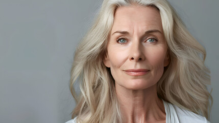 Fototapeta premium Elegant mature caucasian woman with long silver hair and calm expression