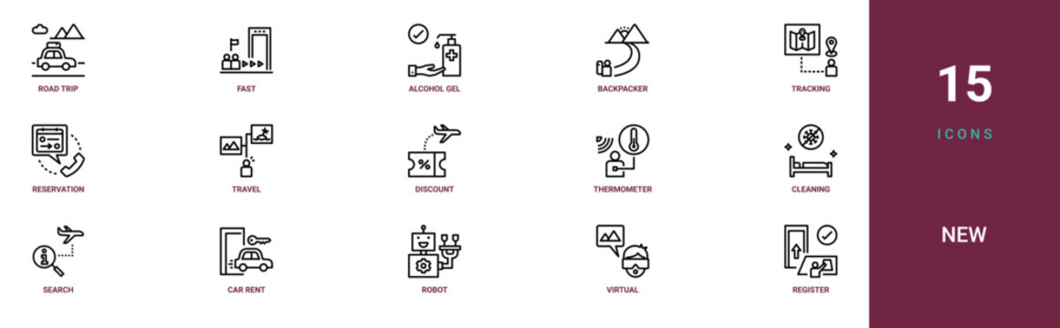 Set of 15 outline web New icons such as register, virtual reality glasses, robot, car rent, search, cleaning, thermometer vector icons for report, presentation, diagram, web design, mobile app