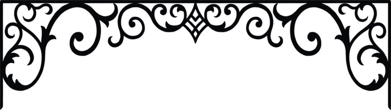 Elegant black wrought iron decorative metal scrollwork header isolated on a plain white background for architectural design and framing