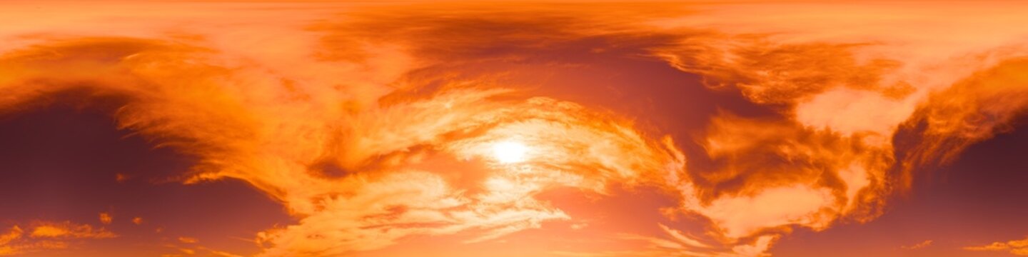 Sunset sky panorama showing vibrant orange clouds across a 360 degree landscape for VR and gaming