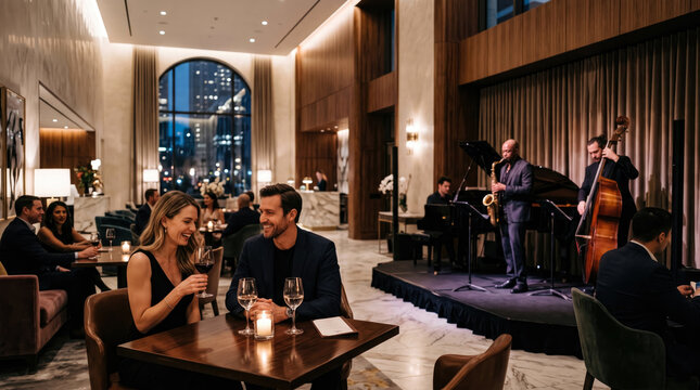 Elegant couple enjoying a romantic date night with live jazz music in a sophisticated hotel lobby bar, featuring a saxophonist and bassist.