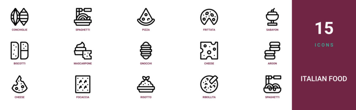Set of 15 outline web Italian Food icons such as spaghetti, ribollita, risotto, focaccia, cheese, aroon, cheese vector icons for report, presentation, diagram, web design, mobile app