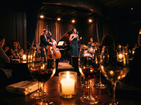 Elegant candlelit table with wine glasses overlooking a captivating jazz singer performing with her band in an intimate, upscale club setting, creating a sophisticated and romantic atmosphere.