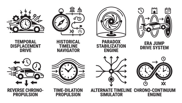 Futuristic car and clock icons for time displacement and temporal propulsion systems.