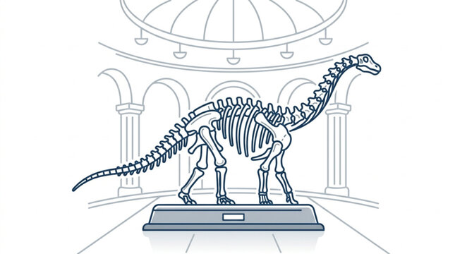Illustrated Dinosaur Skeleton Display in Museum Setting.