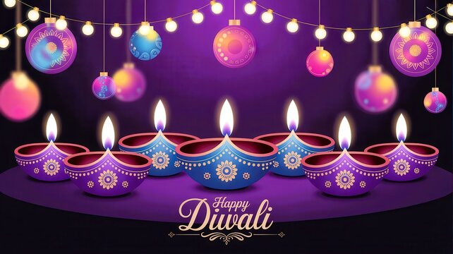 Happy Diwali greeting card with traditional oil lamp and decorative string light on purple background