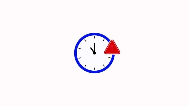 Exclamation point with clock icon for expiry date symbol animation on white background. Warning alert clock animation. Deadline reminder timer icon motion graphic. Time alert video concept