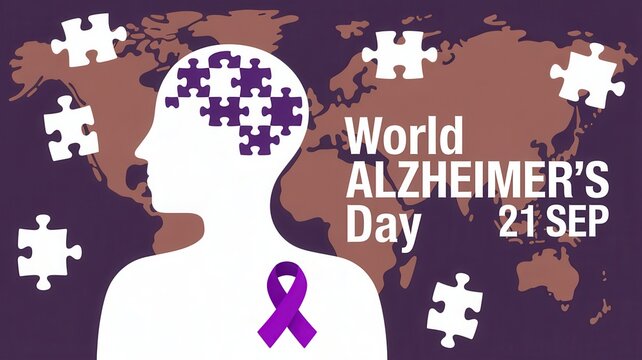World Alzheimer's Day concept poster with human silhouette, puzzle brain and purple ribbon on world map background