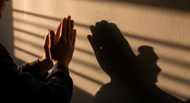 Praying Hands Silhouette Casting Hopeful Shadow Against Textured Wall with Sunbeam Stripes Symbolizing Faith Spirituality and Solace in Warm Evening Light