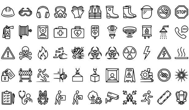 Modern Workplace Safety Line Icon Set Featuring Hazard Prevention and Emergency Response Symbols