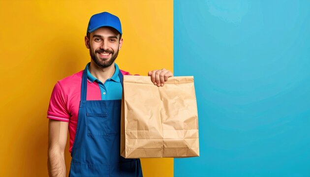 Courier with takeaway food packaging isolated on colorful background