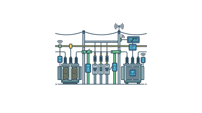 Illustration of an electrical substation grid infrastructure with transformers and power lines.