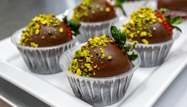 chocolate covered strawberries with pistachios in plastic cup