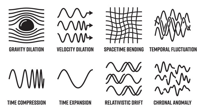 Science wave icons depicting gravity velocity spacetime and temporal physical phenomena.