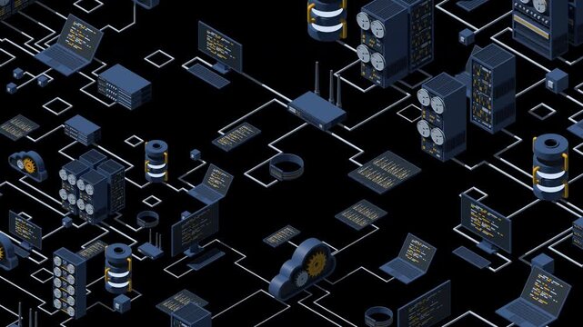 3D isometric data network management animation. Cloud storage data and synchronization of devices. Networking, database, cloud storage. Isometric technology. Transparent background with alpha channel