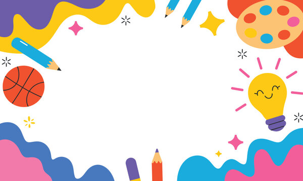 Vibrant school frame with colorful pencils and lightbulb icons on bright white background for cheerful creative learning.