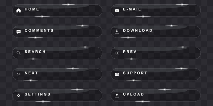 Glassmorphism ui button set vector template with icons for web app interface design