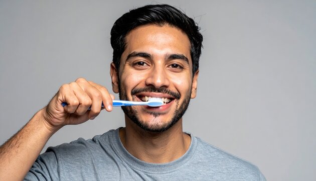Man cleaning teeth with interdental brush